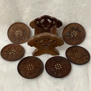 VTG Hand Carved Sheesham Wood Bone Inlay 6 Coasters & Holder India Rosewood